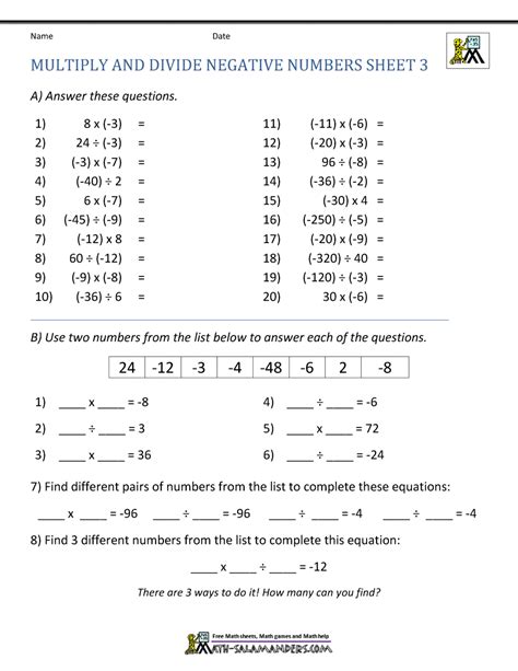 Multiplying And Dividing Negative Numbers Worksheet With Answers