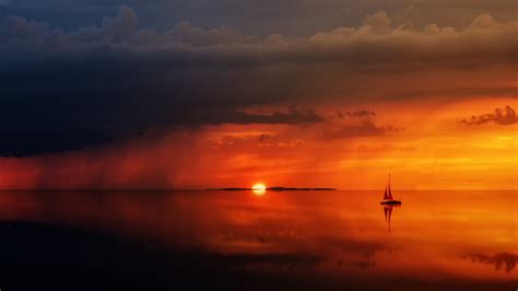Landscape Sunset Water Sea Sailing Ship 5120x2880 Wallpaper