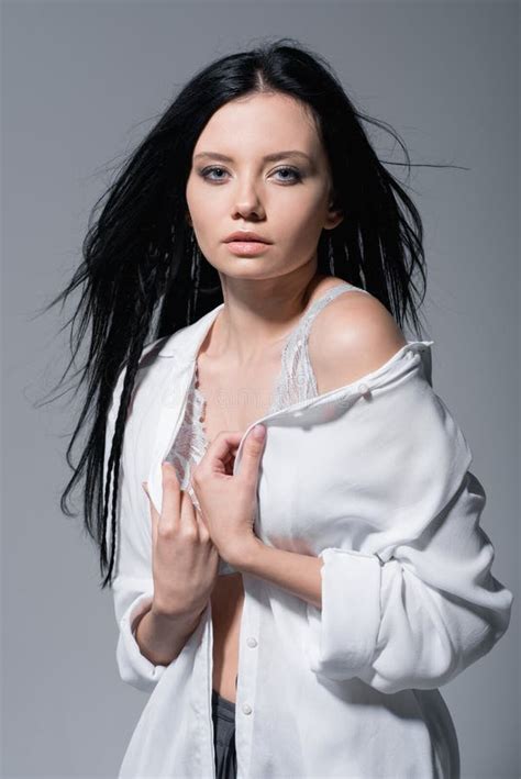 Beautiful Sensual Girl Posing In Lace Bra And White Shirt Stock Photo