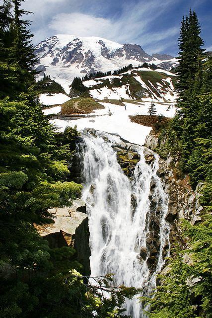 Myrtle Falls And Mount Rainier Washington Usa Beautiful Waterfalls