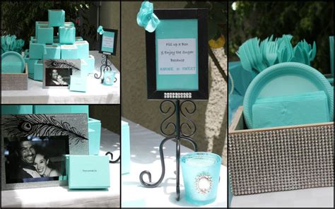 Decorations are pretty straightforward for a breakfast at tiffany's themed bridal shower: Dulce Dessert Bar: Tiffany Themed Bridal Shower