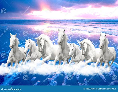 3d Wallpaper Beautiful Sunrise With Seven Running Horse Stock Photo