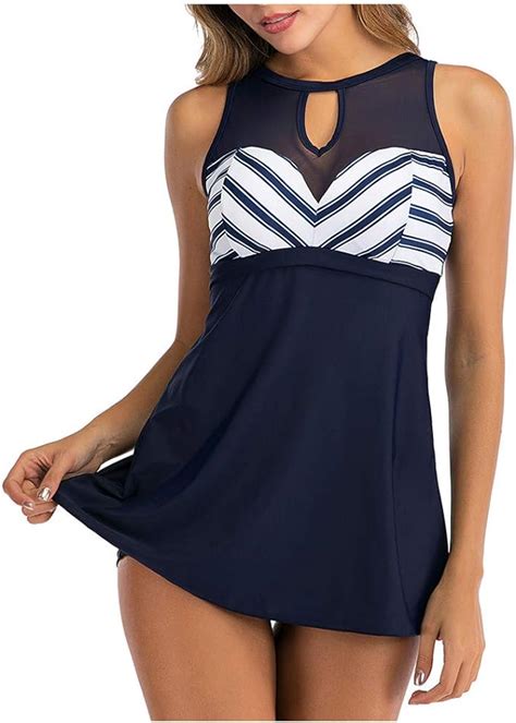 sporttin women s tankini one piece swimsuit plus size stripe padded high neck mesh cutout