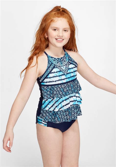 Nwt Justice Girl S Medallion Pink Tiered Tankini Swimsuit