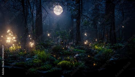 Dark Fairytale Fantasy Forest Night Forest Landscape With Magical