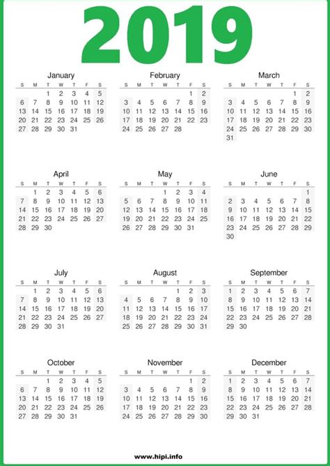 2019 Calendar Printable One Page Green Free Download