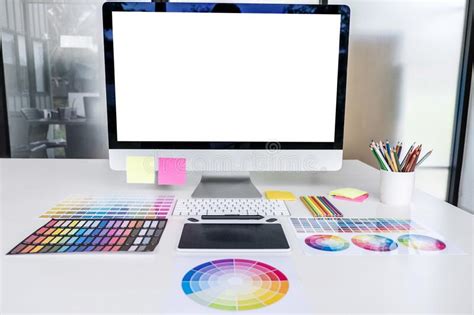 Desktop Computer Screen On White Desk Graphic Designer And Color