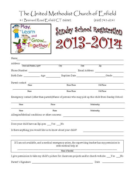 Sunday School Registration Form School Admission Form Toddler Sunday