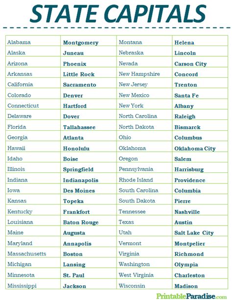 Printable List Of States And Capitals Pdf