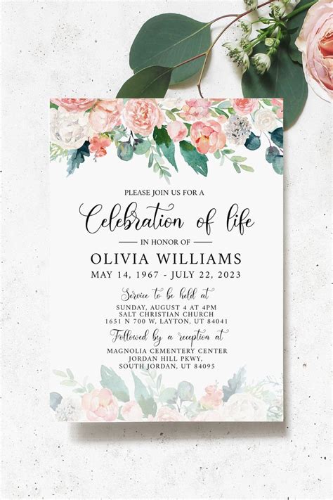Celebration Of Life Invitation Floral Funeral Invite Funeral