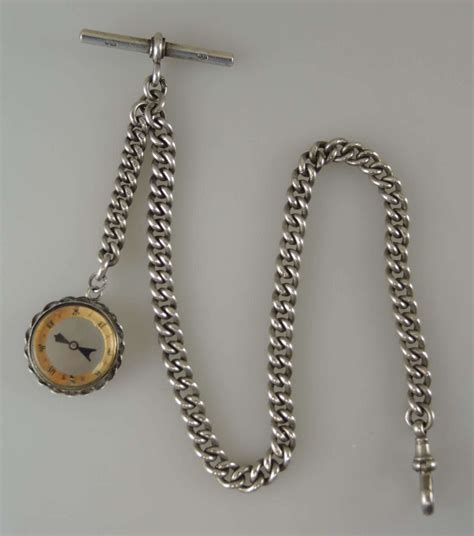 English Silver Albert Watch Chain With Compass Fob Birmingham 1892 In