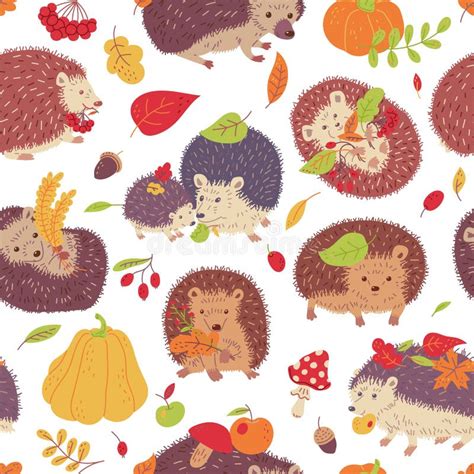 Autumn Seamless Pattern With Cute Hedgehogs Pumpkin Leaves And