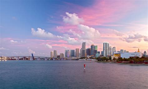City Of Miami Florida Colorful Downtown Sunset Panorama Stock Photo