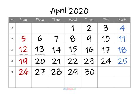 Free Printable April 2020 Calendar With Holidays 6 Templates