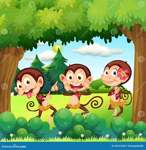 Three Monkeys Dancing At The Forest Stock Vector Illustration Of