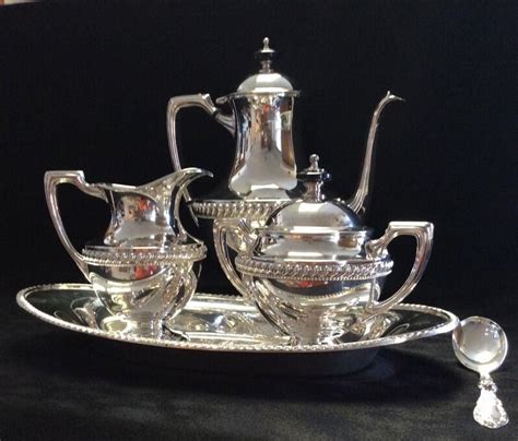 Excellent Vintage Crescent Silver Coffee Tea Set Sugar Creamer Tray