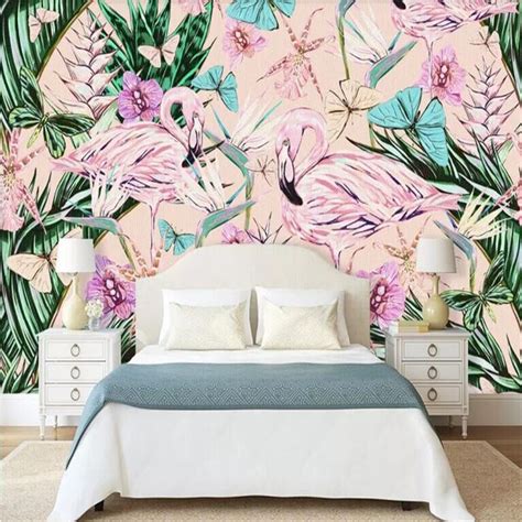 Custom Mural Wallpaper Tropical Plant Pink Flamingo Bvm Home