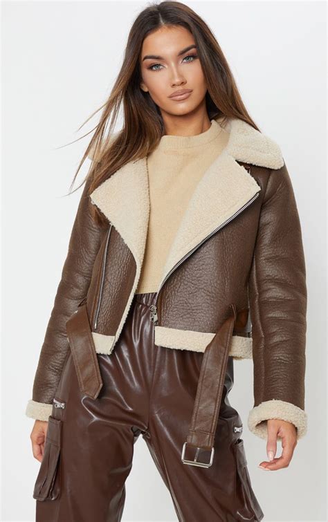 Brown Contrast Faux Fur Cropped Aviator Fur Leather Jacket Aviator