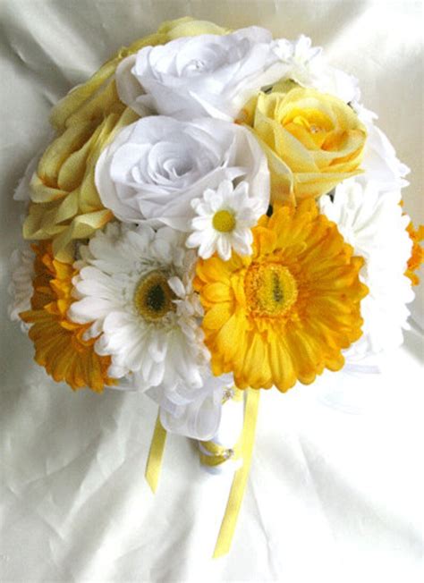 Wedding Bouquet Bridal Silk Flowers 17 Pieces Package Yellow Etsy