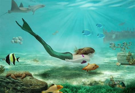 Women Fantasy Art Drawing Mermaids Sea Rock Underwater Swimming