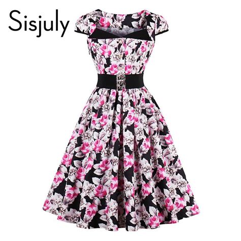 Buy Sisjuly Women 2017 Vintage Dresses Summer Floral Print Button Belt Mid Calf