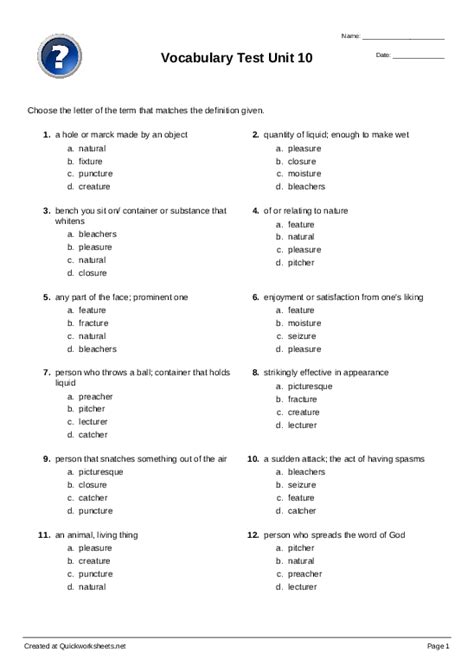 Vocabulary Test Unit 10 Multiple Choice Worksheet Quickworksheets