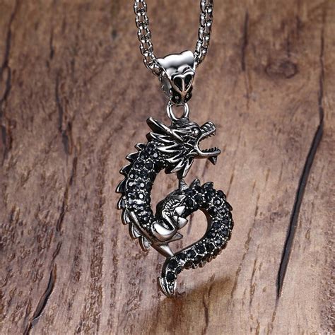 Stainless Steel Black Rhinestone Dragon Pendant Necklace With Long