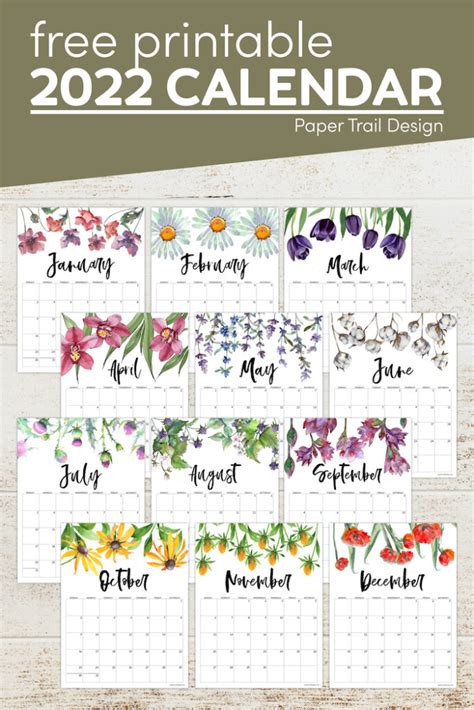 Calendar 2022 Printable One Page Paper Trail Design Free 2022