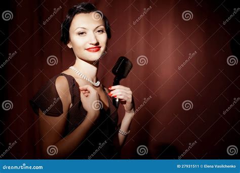 Retro Singer Sing Holding Vintage Microphone Stock Image Image Of