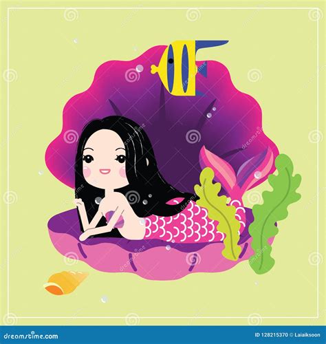 Cute Little Mermaid With Sea Animals Under The Sea In Cartoon Style