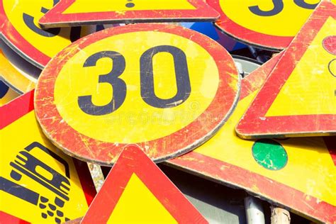 Bunch Of Road Signs Stacked After Use Stock Image Image Of