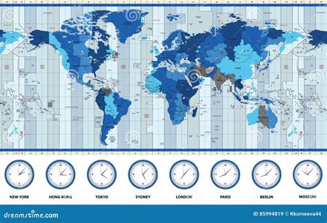 Map Of The World Standard Time Zones In Blue Colors Stock Vector