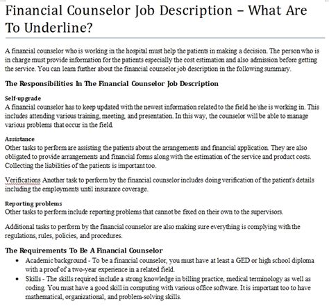 You will act as a consultant for senior managers, conducting cost and revenues analyses. Financial Counselor Job Description - What Are To ...