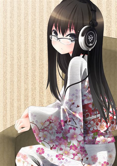 Long Black Hair Kimono Glasses Headphones By Ekakibitohane
