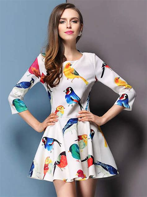 White Birds Print Half Sleeve Skater Mini Dress Bird Print Dress