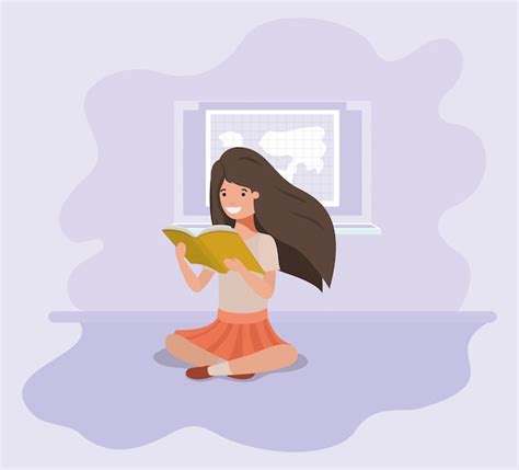 Premium Vector Young Student Girl Sitting Reading Book