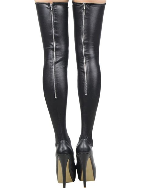 New Sexy Zipper Open Faux Leather Stockings Night Club Dance Wear High