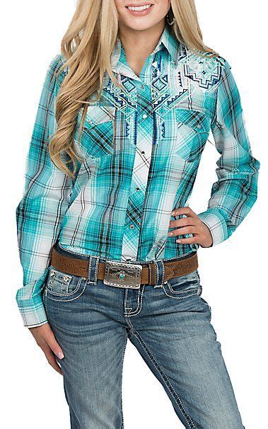 Cowgirl Legend Women S Turquoise Plaid W Embroidery L S Western Snap Shirt Western Shirts