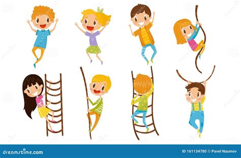 Children In Activities With Ropes And Rope Ladders Vector Illustration
