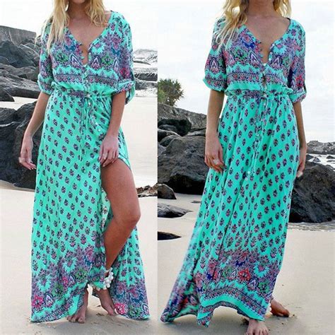 Women V Neck Long Maxi Dress Flower Boho 34 Sleeve Party Evening Beach Sundress Maxi Dress