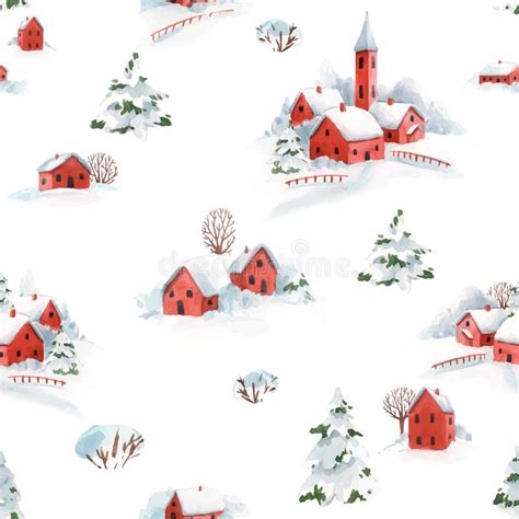 Watercolor Vector Seamless Pattern Winter Snowy Christmas Time Red