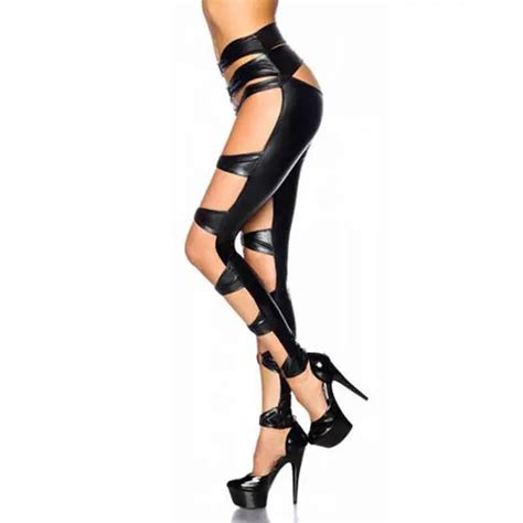 gothic women sexy hollow out high waist legging black vinyl leather bandage night clubwear