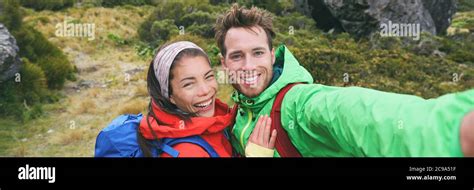 Travel Selfie Couple Hikers Taking Smartphone Picture On Outdoor Trail