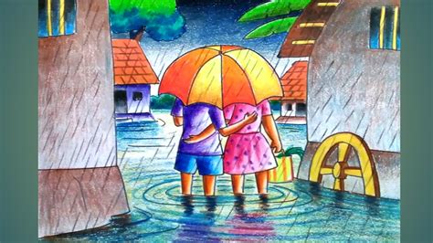How To Draw Scenery Of Village Rainy Day Step By Steprainy Day Drawing