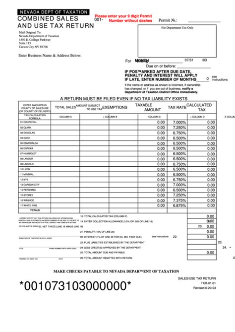 (just now) nevada sales and use tax form. Fillable Form Txr-01.01 - Combines Sales And Use Tax ...