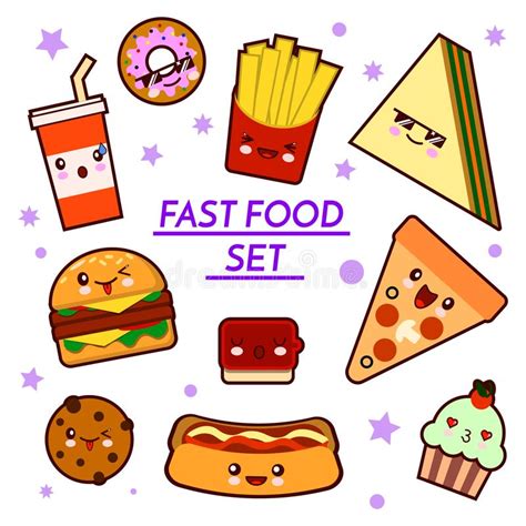 Set Of Funny Fast Food Characters Pizza French Fries Burger Hot
