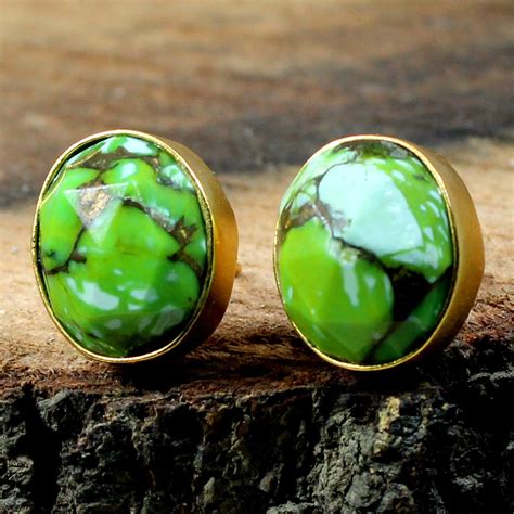 Green Copper Turquoise Stud Earrings Oval Gemstone Bezel Etsy