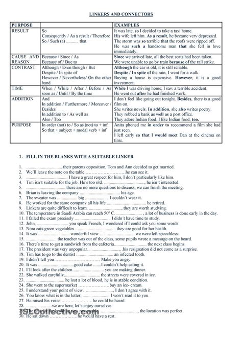 Linkers And Connectors English Grammar Worksheets