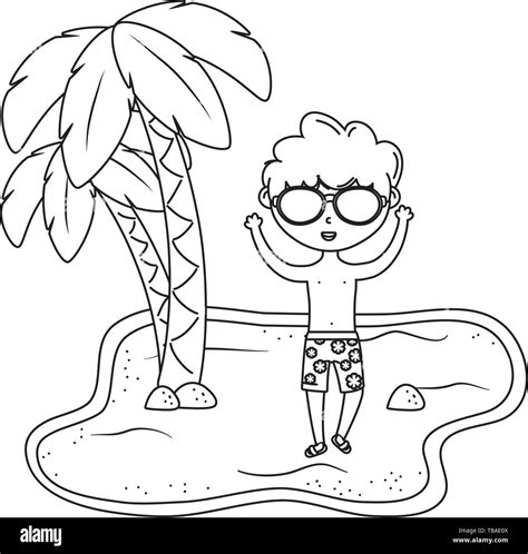 Niño Feliz Con Gafas De Sol En La Playa Y Viajes Verano Cartoon
