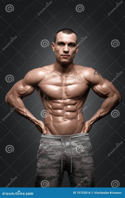 Strong Athletic Man Fitness Model Showing Torso With Six Pack Abs My